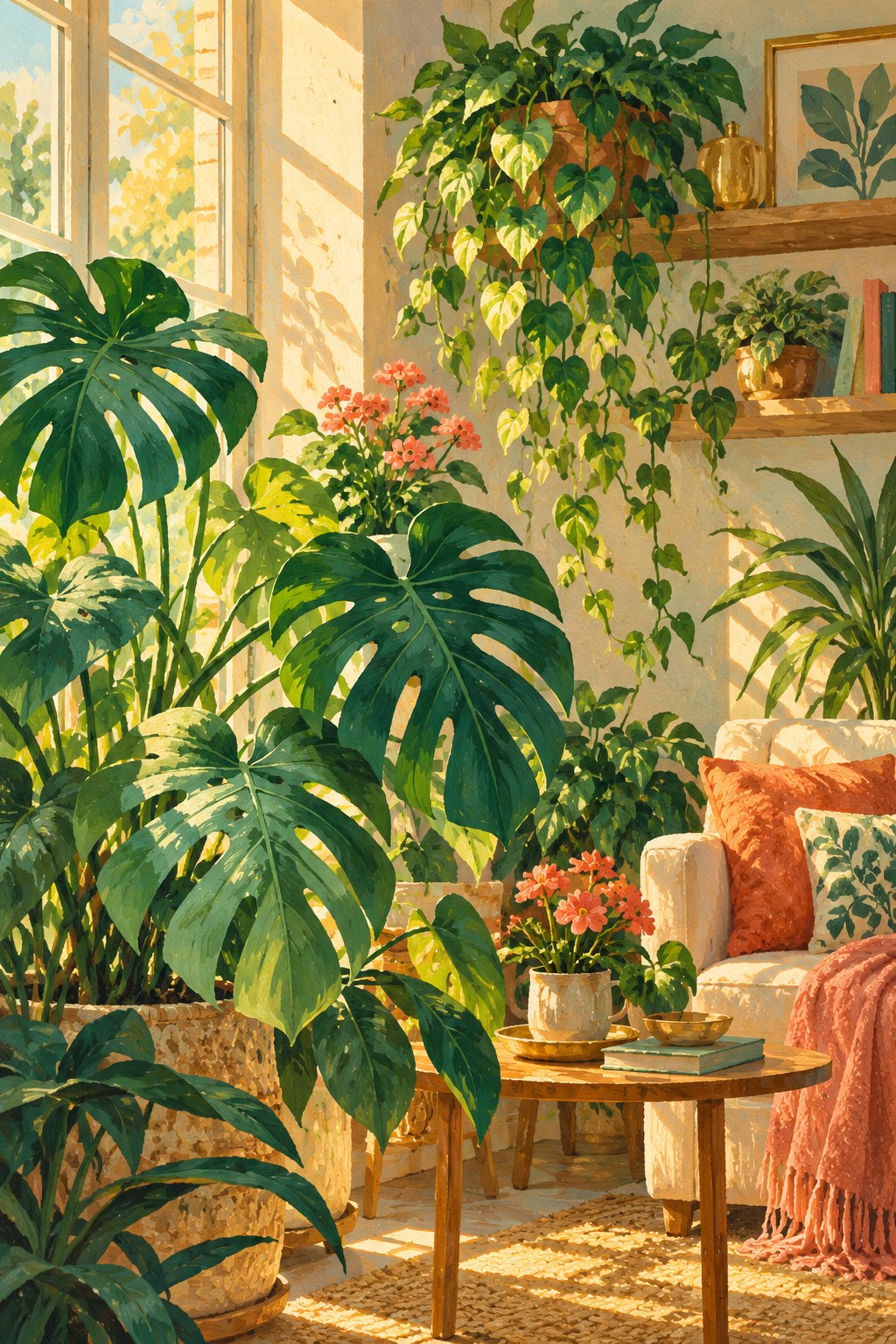 Rincon de salon con monstera, potos y flores coral, pintado a gouache