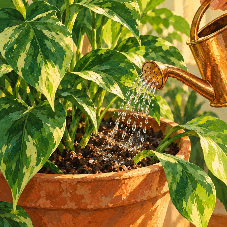 Regadera de cobre regando la tierra de una maceta, pintura a gouache